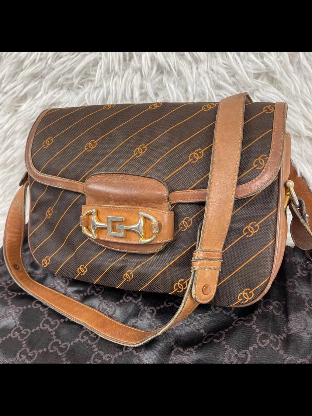 Gucci Brown Monogram Shoulder Bag with Tan Leather Trim